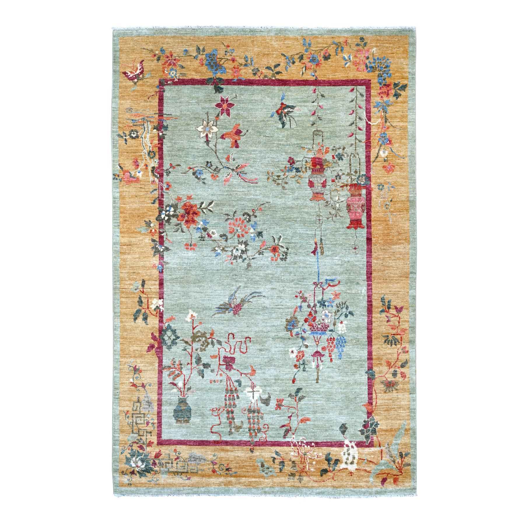 5'10"x9' Pistachio Green, Chinese Art Deco Inspired Peshawar, Hand Knotted, Soft and Vibrant Wool, Vegetable Dyes, Oriental Rug 